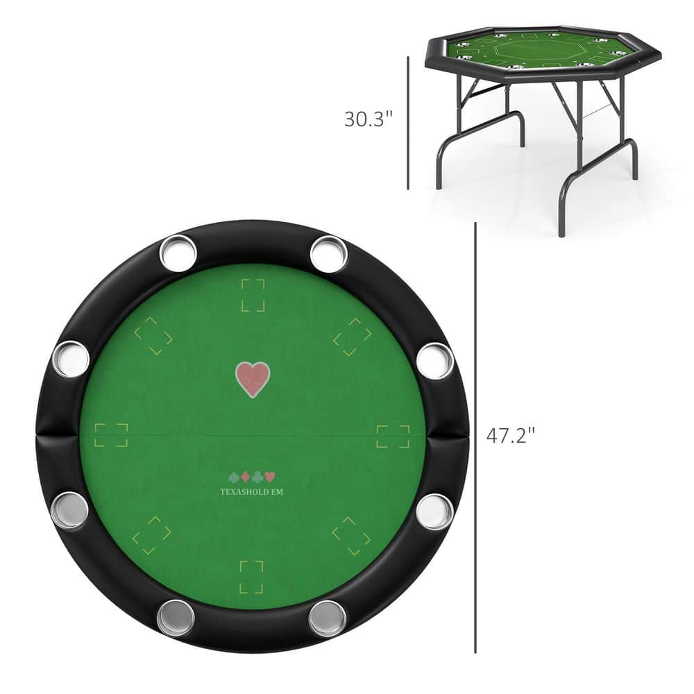 Foldable Round Black and Green Felt Poker Table for 8 Players