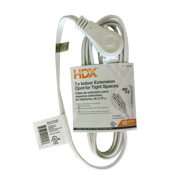 HDX 7 ft. 16/2 Indoor Tight Space Cube Tap Extension Cord, White