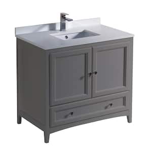 Oxford 36 in. Traditional Bathroom Vanity in Gray with Quartz Stone Vanity Top in White with White Basin