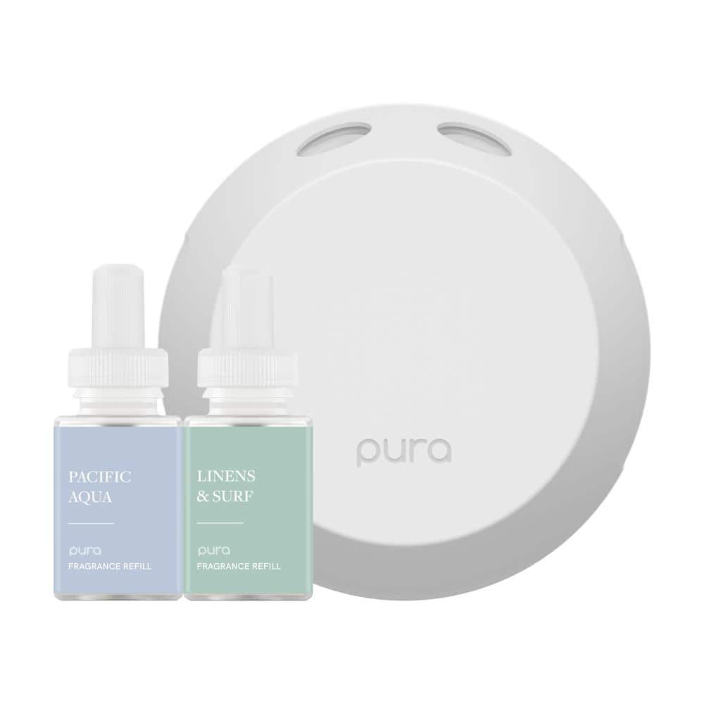 White Smart Home Fragrance Diffuser with Pacific Aqua and Linens & Surf Refills