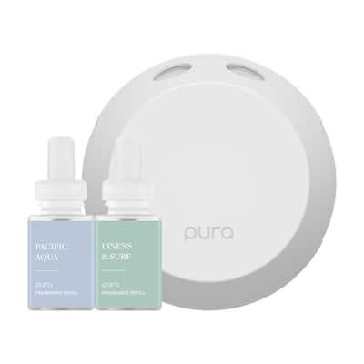Smart Home Fragrance Diffuser Starter Set - Includes Pacific Aqua and Linens and Surf Refills - Wi-Fi Connected, White