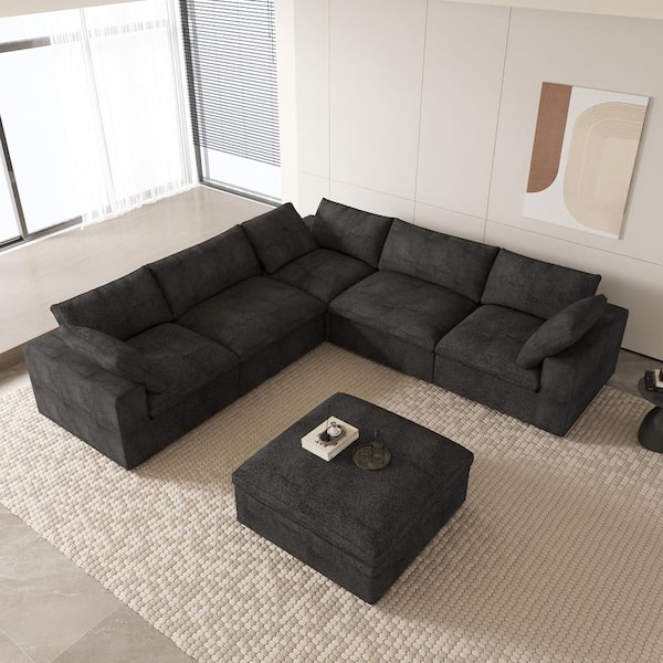 J&E Home 120.45 in. Linen Velvet Square Arm 5-Piece Free combination Modular Sectional Sofa in. Balck