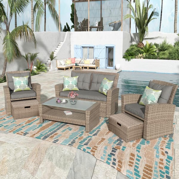 Boosicavelly 4-Piece Wicker Outdoor Conversation Set with Gray Cushions and Ottomans