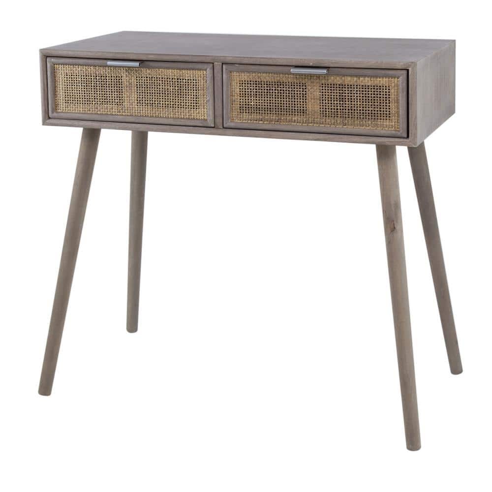 31.5 in. Brown Rectangle Wooden Console Table with 2 Drawers and Woven Rattan