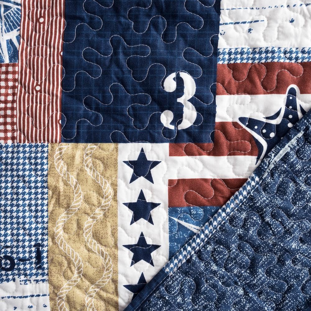 Full/Queen Blue Microfiber Nautical Americana Quilt Set