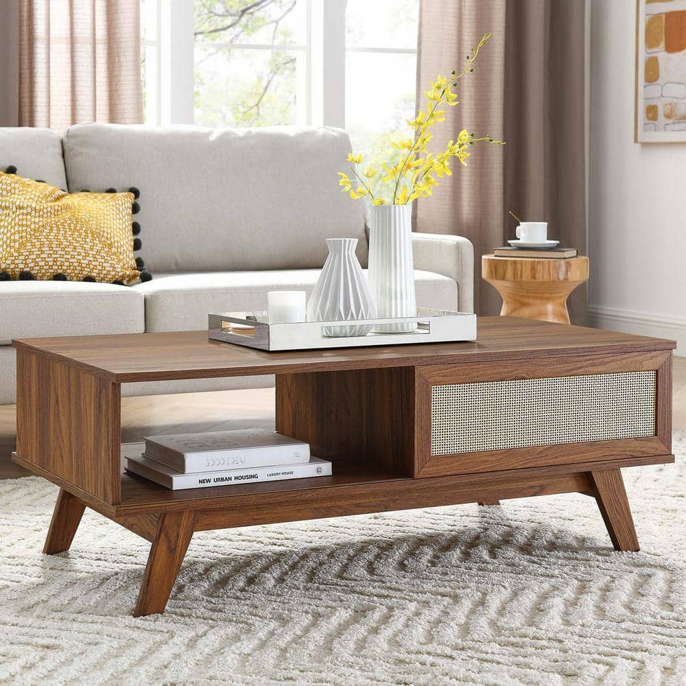 Walnut Rectangular Wood Coffee Table with Storage