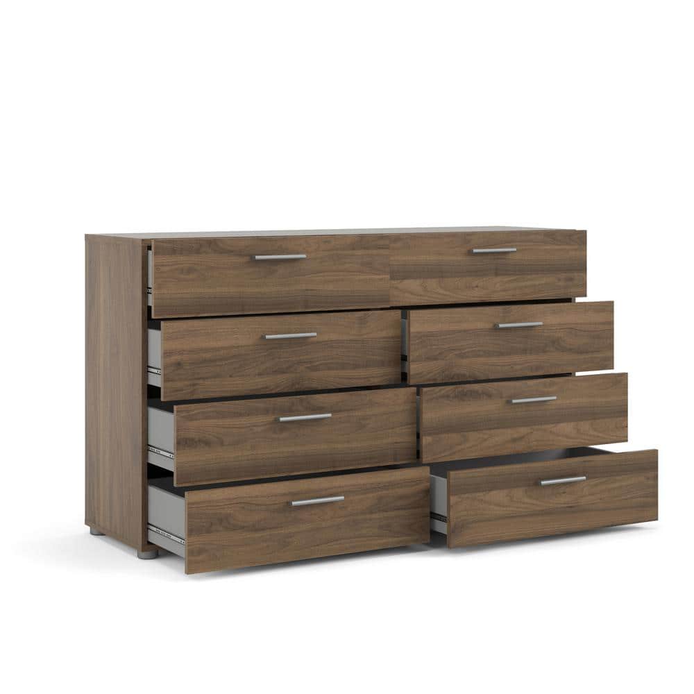 Walnut 8 Drawer Double Dresser with Metal Handles