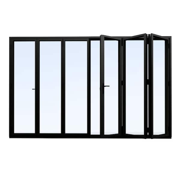192 in. x 96 in. Left Swing/Outswing Double Tempered Glass Black Aluminum Folding Patio Door (3-Folding Plus 3-Folding)