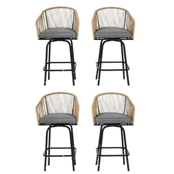 Tenleaf Metal Steel Frame Tightly Wrapped with Woven PE Rattan Outdoor Bar Stools with Gray Cushion (4-Pack)