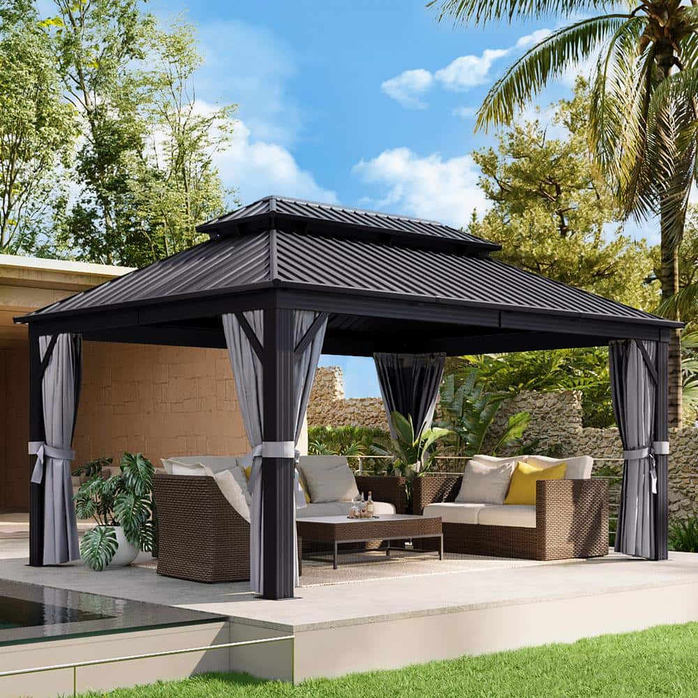 12' x 16' Galvanized Iron and Aluminum Hardtop Gazebo with Curtain and Netting
