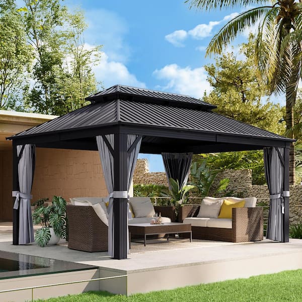 16 ft. x 12 ft. Galvanized Steel Double Roof Gazebo with Aluminum Frame, Curtain and Netting