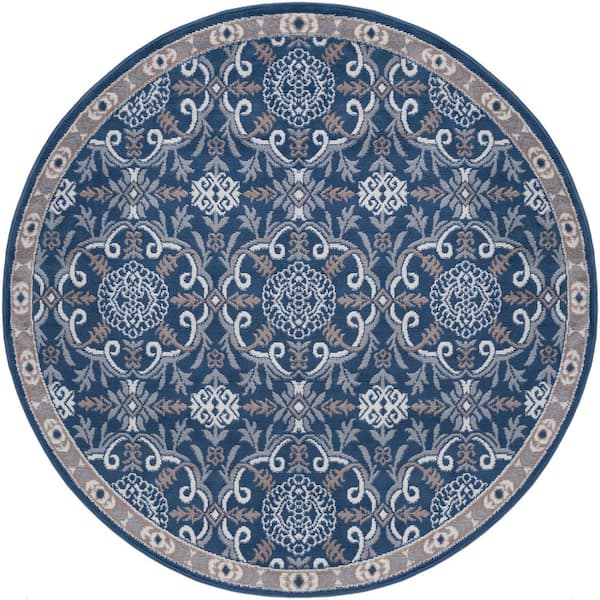 Tayse Rugs Hampton Brocade Navy 6 ft. Round Indoor Area Rug