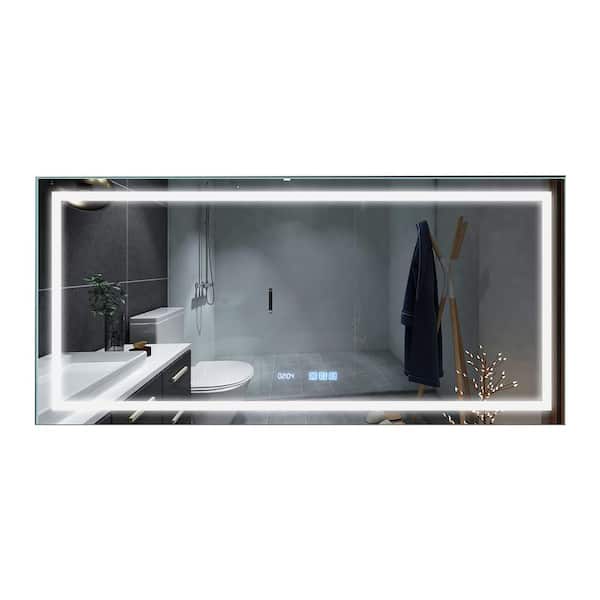 JimsMaison 60 in. W x 28 in. H Large Rectangular Frameless Anti-Fog Wall Mounted Bathroom Vanity Mirror in Silver