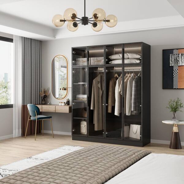 FUFU&GAGA 1-Piece Black Wood 118.1 in. W Queen Bedroom Wardrobe