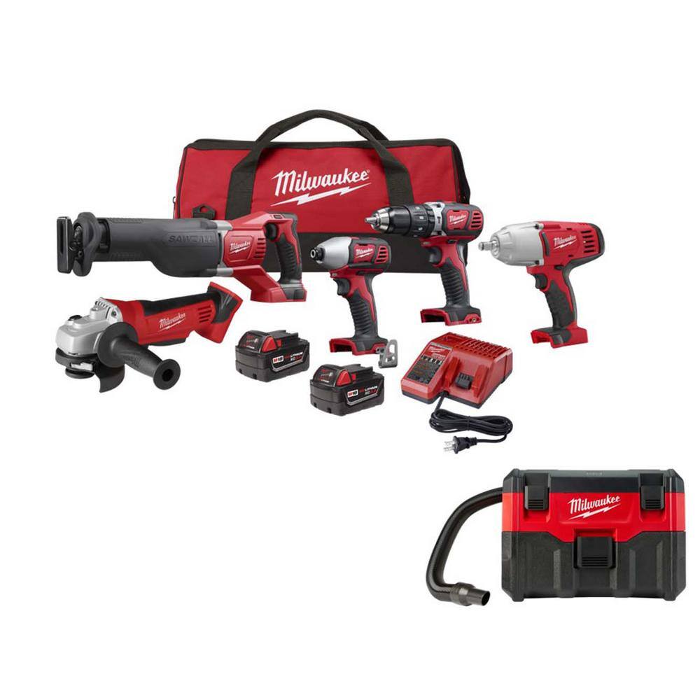 Milwaukee M18 18-Volt Lithium-Ion Cordless Tool Combo Kit with (2) 3.0Ah Batteries, Charger and Bag with M18 2 Gal. Wet/Dry Vacuum -  2697-25-0880-20