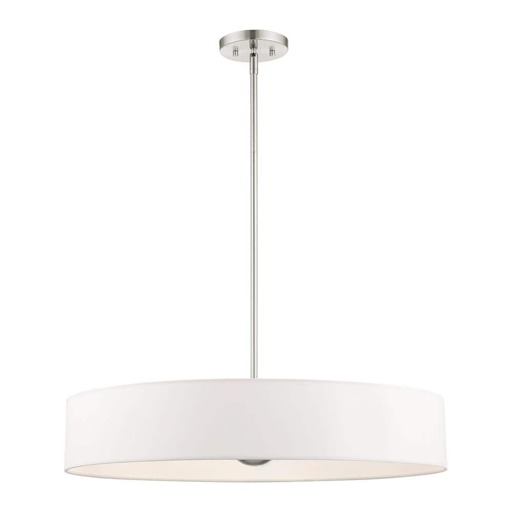 Elegant Brushed Nickel 5-Light Drum Pendant with Crystal Accents and Off-White Shade