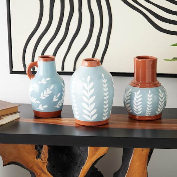 Litton Lane Blue Ceramic Floral Decorative Vase with Terracotta and White Detailing (Set of 3)