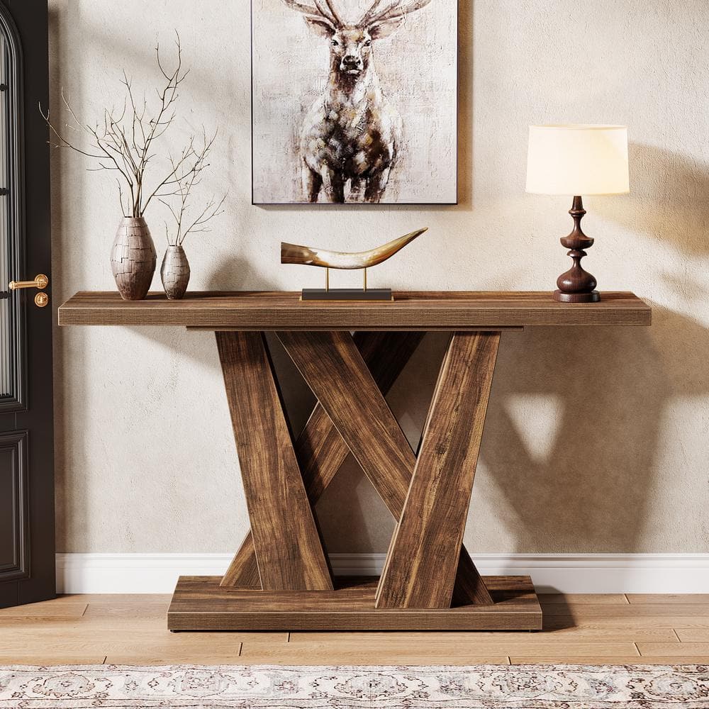 Rustic Brown 55'' Wood Console Table with Geometric Base