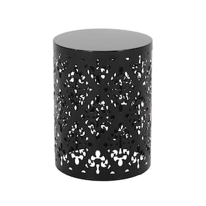 Black Iron Cut Design Outdoor Side Table Hollow Framework Powdered Coated Floral Pattern for Patio and Backyard Decor