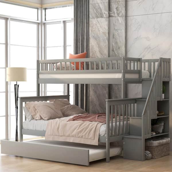 Tyler Gray Wood Frame Twin Over Full Bunk Bed with Storage Staircase, Trundle, Guardrails