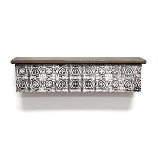 inPlace 20 in. W x 5 in. D x 5 in. H Real Wood Farmhouse Coffee Finish Decorative Wall Shelf Ledge with Antiqued Embossed Metal