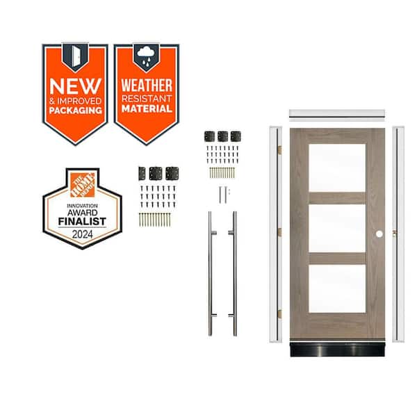 Faux Pivot 36in.x 79in. 3-Lite Left-Hand Clear Glass Oiled Leather Stain Fiberglass Front Door Kit w/Quick Assemble Jamb