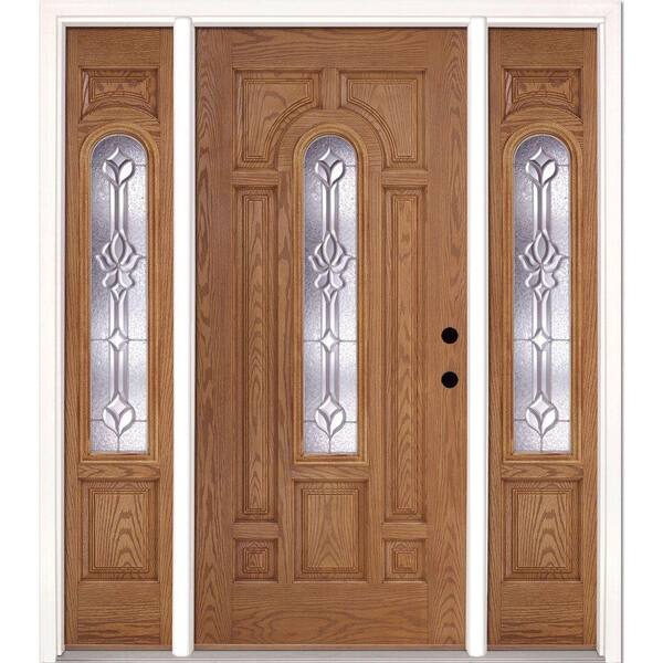 Feather River Doors 63.5 in.x81.625 in. Medina Zinc Center Arch Lite Stained Light Oak Left-Hand Fiberglass Prehung Front Door w/Sidelites