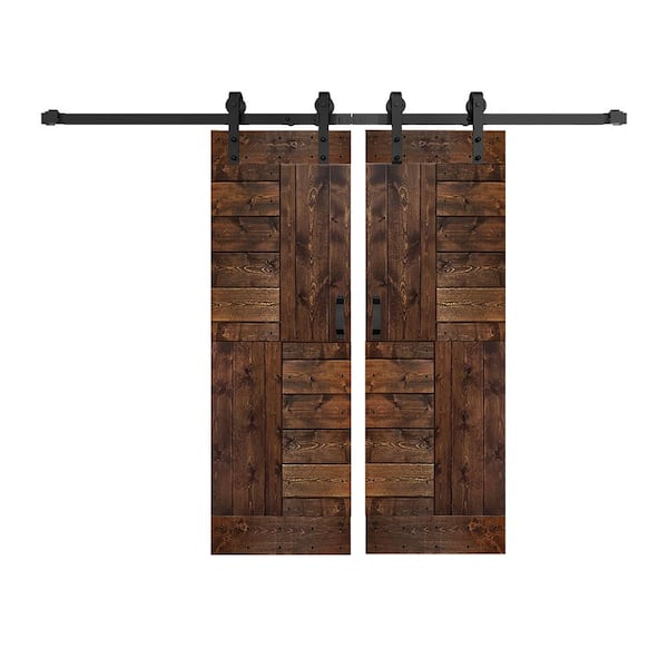 ISLIFE S Series 60 in. x 84 in. Dark Walnut Finished DIY Solid Wood Double Sliding Barn Door with Hardware Kit