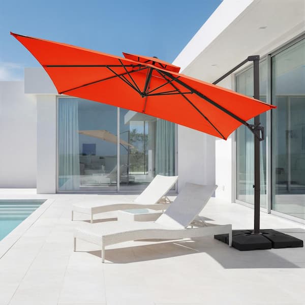 10 ft patio waterproof solar umbrella led light WESTLAKE 10 Ft Solar LED Cantilever Offset Patio Umbrella w/ Included  4-Piece Base Weights, Gray
