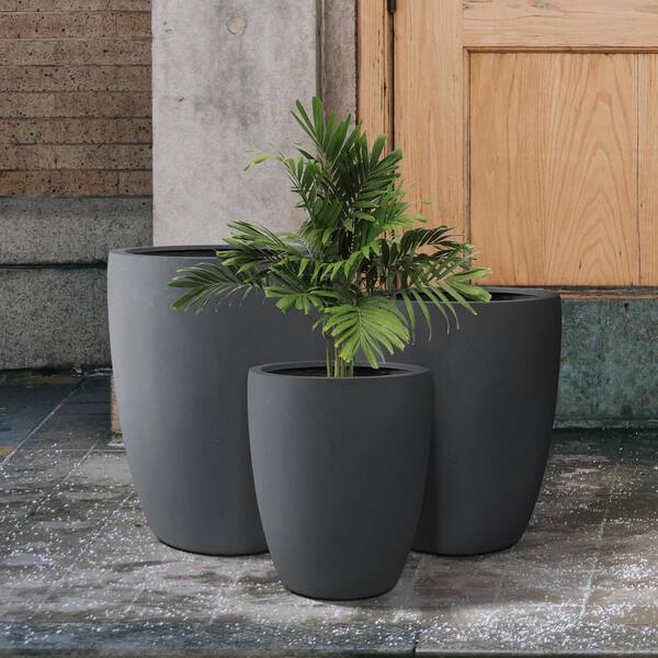 Kante 3 Piece 22.4, 20.4 and 18.1H Round Charcoal Finish Concrete Modern Tall Planters, Outdoor Indoor Decorative Plant Pots with Drainage Hole and