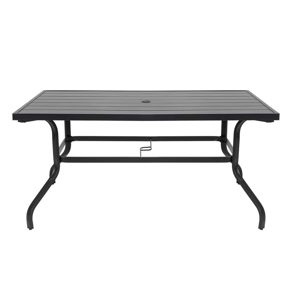Front view of the black rectangular metal outdoor patio dining table on a white background.