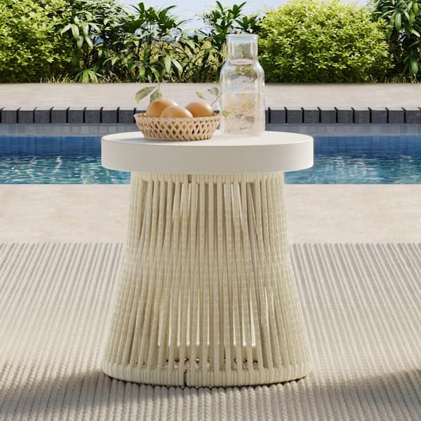 Eleanor 17.7 in. White Woven Round Side Table for Indoor and Outdoor, Patio End Table, Fully Assembled,Weather Resistant