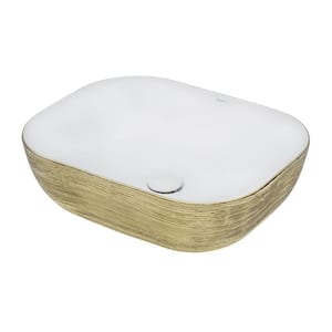 20 in. Above Vanity Counter Bathroom Ceramic Vessel Sink in White with Decorative Art in Gold