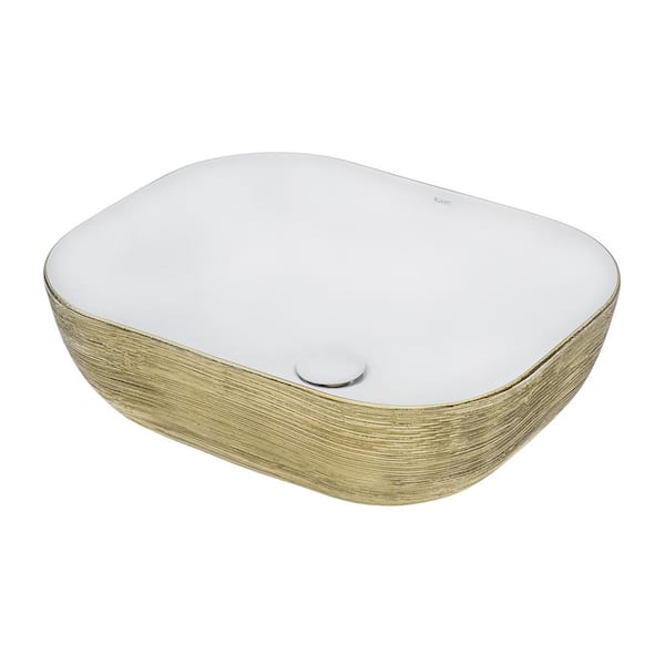 Ruvati 20 in. Above Vanity Counter Bathroom Ceramic Vessel Sink in White with Decorative Art in Gold