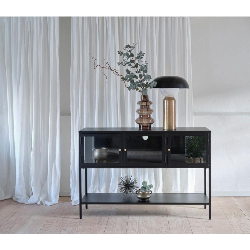 52-Inch Black Metal and Glass Sideboard with Brass Knobs