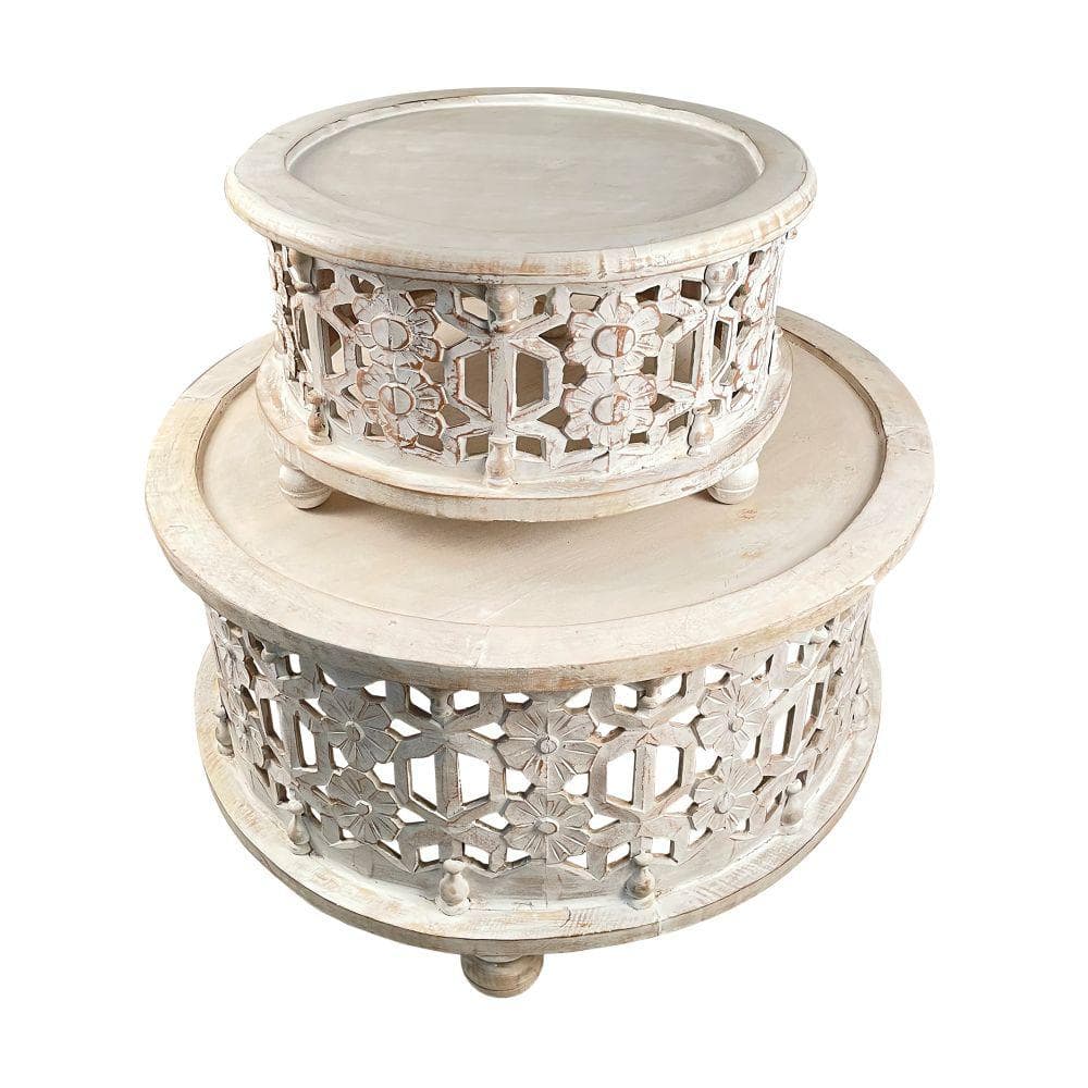 30" Antique White Carved Wood Round Coffee Table Set