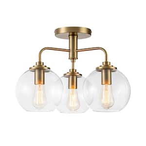 Jacob 18.12 in. 3-Light Brass Semi Flush Mount Ceiling Light with Glass Shade