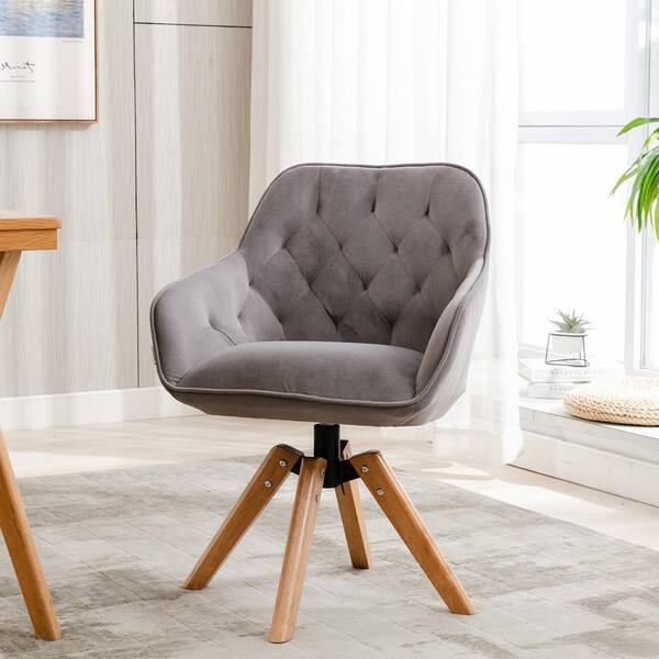ANBAZAR Gray Velvet Fabric Upholstery Accent Arm Chair (Set of 1), Solid Wood Tufted Arm Chair, Accent Arm Chair with Wood Legs