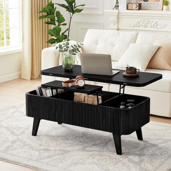 ATHMILE 42. 91in. L Black Oval MDF Coffee Table With Built-in