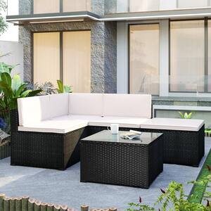 Outdoor Black 5-Piece Wicker Patio Conversation Set with Beige Cushions