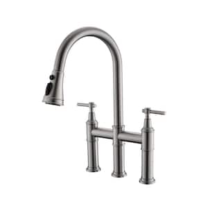 Double Handle Pull Down Sprayer Kitchen Faucet with Advanced Spray 3 Hole Bridge Kitchen Sink Taps in Brushed Nickel
