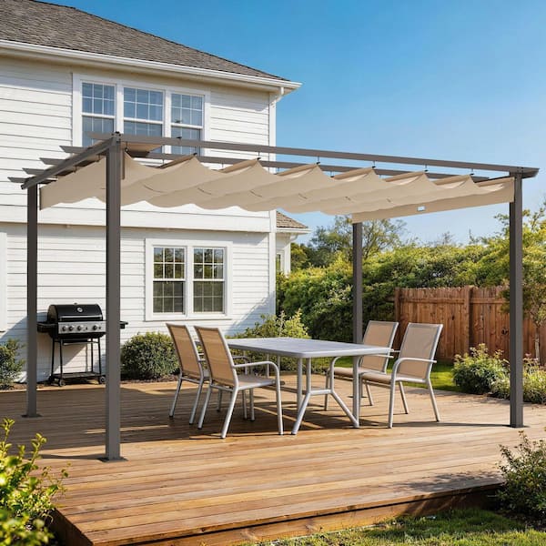 10 ft. x 13 ft. Aluminum Outdoor Pergola with Brown Retractable Shade Canopy
