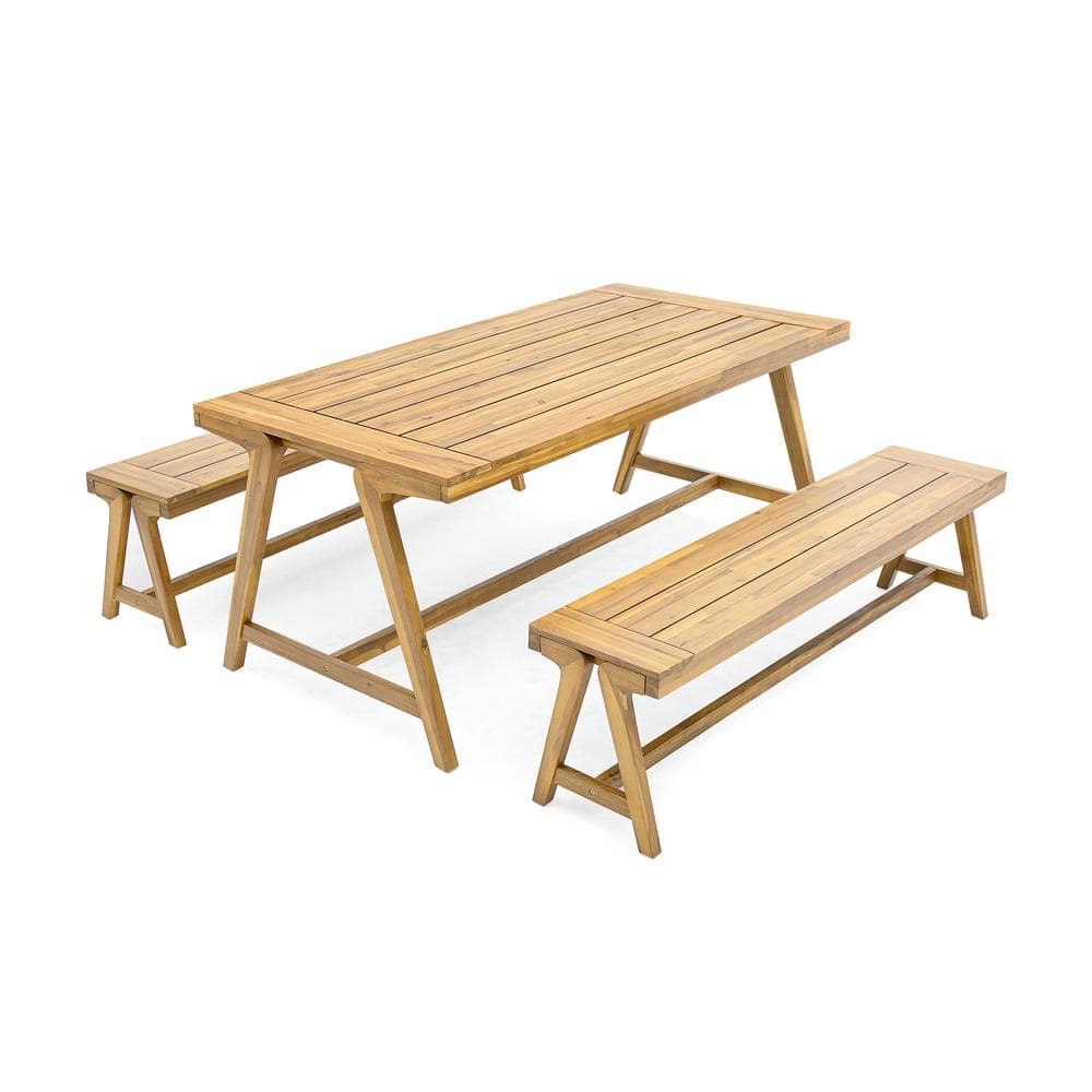 Natural Acacia Wood Dining Set-Sturdy, Weather-Resistant Table and Backless