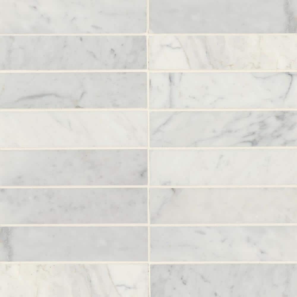 White Carrara Honed Marble 2" x 8" Geometric Mosaic Tile