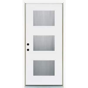 36 in. x 80 in. Smooth White Right-Hand Inswing 3-Lite Water Wave Finished Fiberglass Prehung Front Door