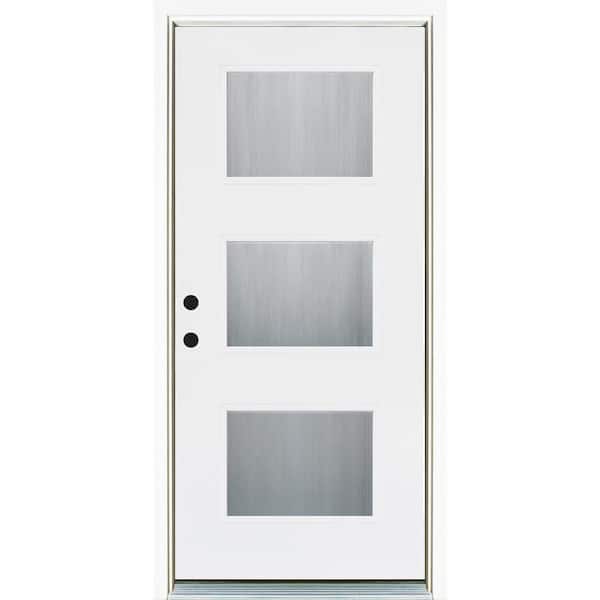 MP Doors 36 in. x 80 in. Smooth White Right-Hand Inswing 3-Lite Water Wave Finished Fiberglass Prehung Front Door