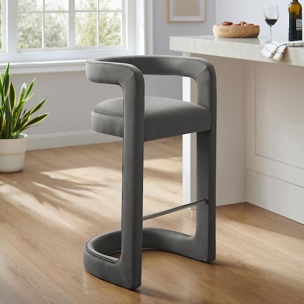 Winslow Performance Velvet Bar Stool in Storm Gray with Stainless Steel Footrest-Bar-Height Stool with Armrests