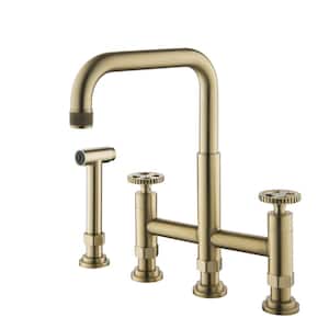 Double Handle Gooseneck Bridge Kitchen Faucet with Side Sprayer in Brushed Gold