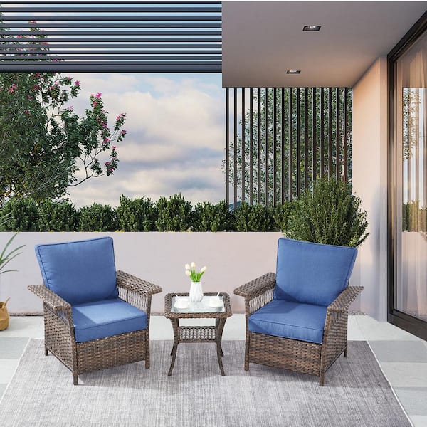 Gymojoy StLouis Brown Wicker 3-Piece Conversation Set Patio Lounge Chair with Blue Cushions and Side Table