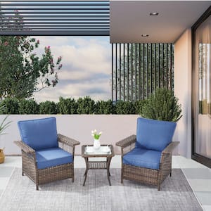 StLouis Brown 3-Piece Wicker Patio Conversation Set with Blue Cushions